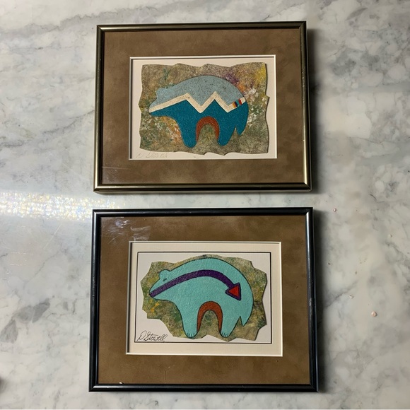 Pair Of Painted Leather framed Art Navajo Fetish Bear By Deborah Stowell 8x10”